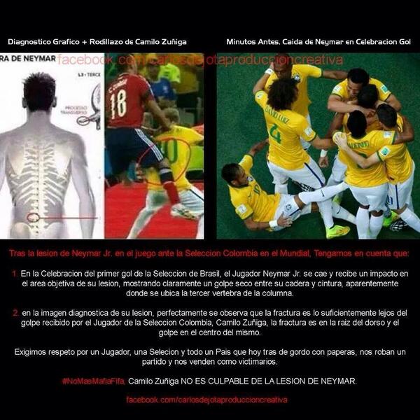 Colombianos criaram a teoria de que lesão nas costas de Neymar foi uma farsa