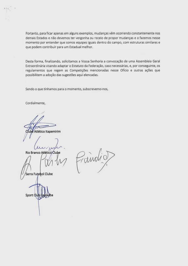 Documento dos clubes pedindo alteração no regulamento do Capixabão 2015