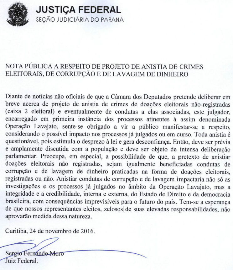 Nota pública do juiz Sergio Moro