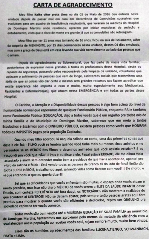 Carta enviada a médicos e enfermeiros comove equipe de 