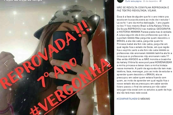 Em rede social, mãe dá bronca em filha reprovada na escola em Vila Velha e post viraliza na internet 