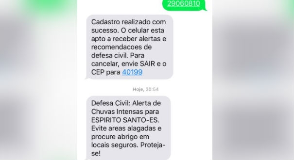 Capixabas recebem alerta de chuva forte para o ES enviado, por SMS, pelo Governo Federal nesta terça-feira (03)