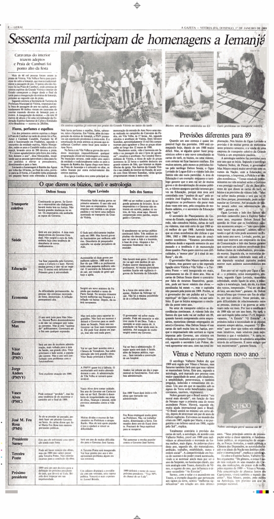 Página do Jornal A Gazeta em 1º de janeiro de 1989. Crédito: Reprodução