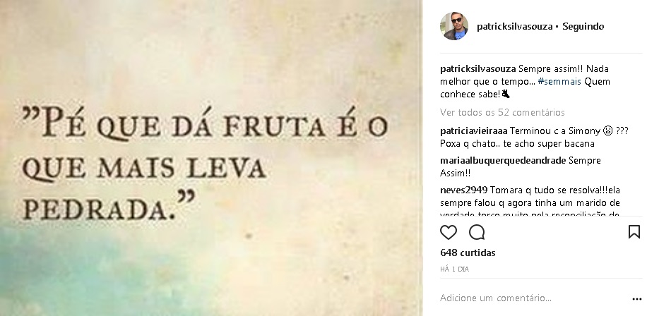 Capixaba ex de Simony: "Pé que dá fruta é o que mais leva pedrada". Crédito: Reprodução/Instagram