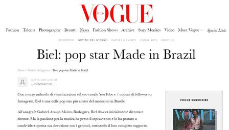 Matéria sobre Biel na Vogue Itália foi retirada do ar após reclamações de internautas brasileiros. Crédito: Reprodução