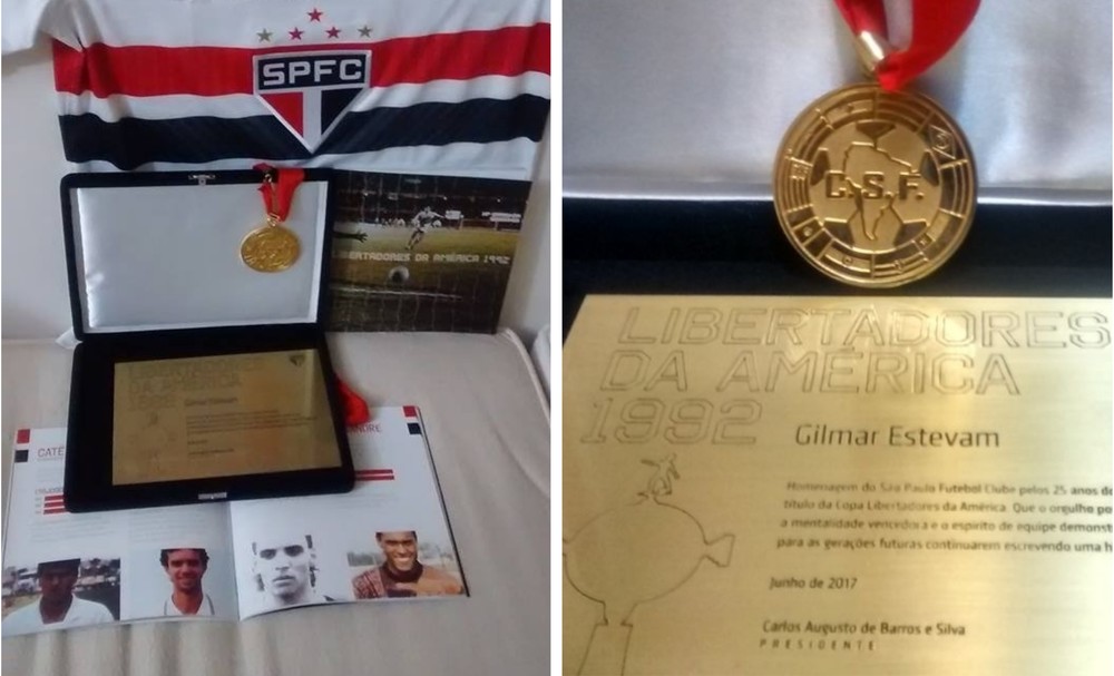 Gilmar Estevam mostra com orgulho as homenagens que os atletas campeões em 1992 receberam do São Paulo . Crédito: Acervo pessoal