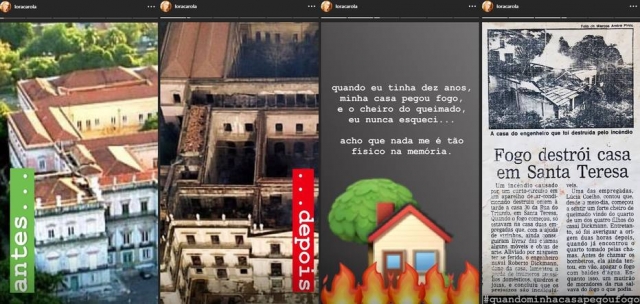 Stories publicados por Carolina Dieckmann relembrando incêndio em sua casa . Crédito: Instagram / @loracarola