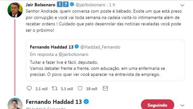 Bolsonaro (PSL) e Haddad (PT) discutem pelo Twitter