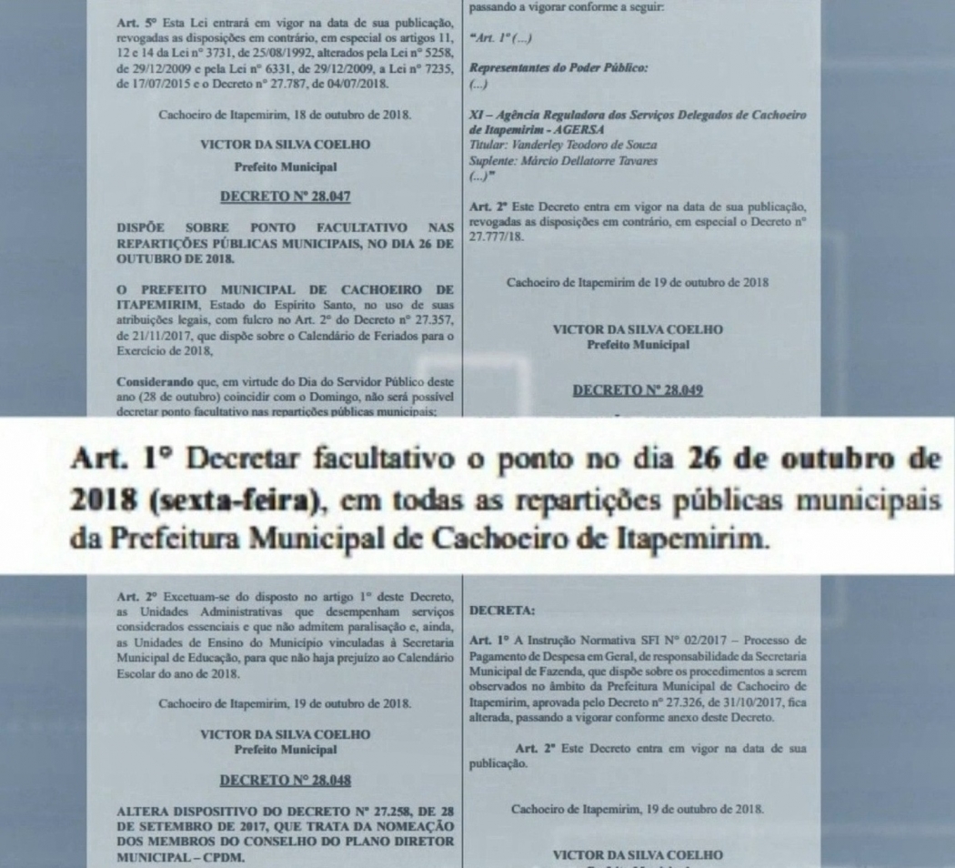 Prefeito de Cachoeiro assina decreto para adiantar ponto facultativo de feriado. Crédito: Diego Gomes/ TV Gazeta