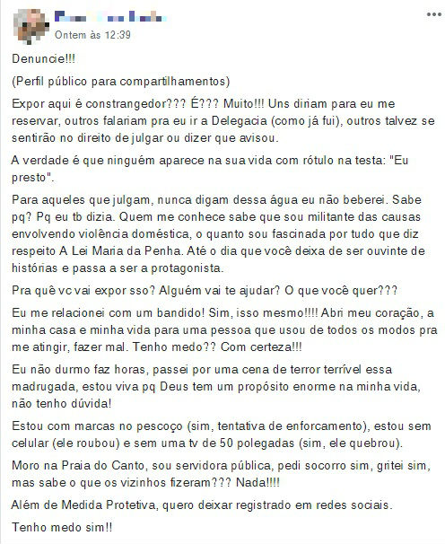 A mulher fez uma publicação no grupo Utilidade Capixaba no Facebook para compartilhar os momentos de terror que viveu. Crédito: Reprodução/Facebook