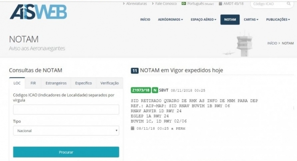 Notam sobre mudança de procedimento no Aeroporto de Vitória. Crédito: Decea/Reprodução