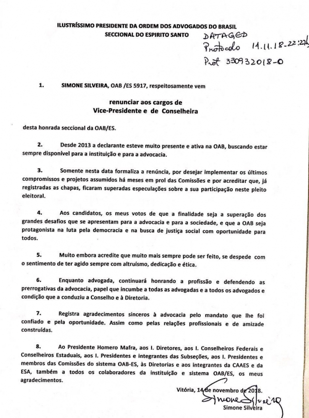 Ofício em que Simone Silveira renuncia à vice-presidência da OAB-ES. Crédito: Reprodução
