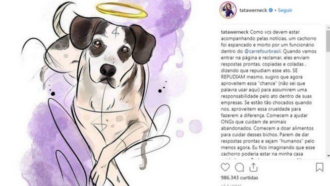 Post de Tatá Werneck sobre o caso. Crédito: Reprodução