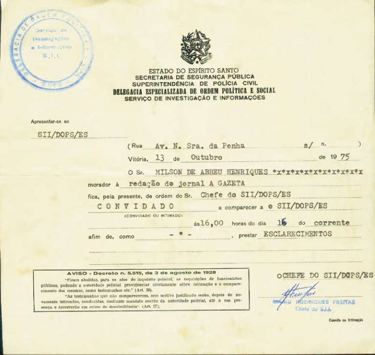 Convite para Milton depor no DOPS, em 1975. Crédito: Arquivo de Milton Henriques