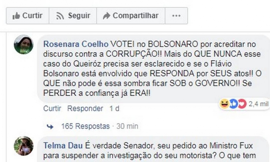 Eleitora pede esclarecimentos a Flavio Bolsonaro. Crédito: Reprodução