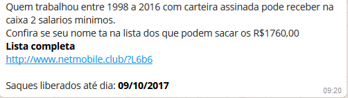 Mensagem compartilhada em aplicativo promete salário extra